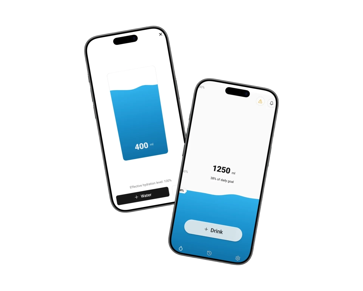 Water tracking mobile app interface showing daily hydration progress and drink intake in milliliters